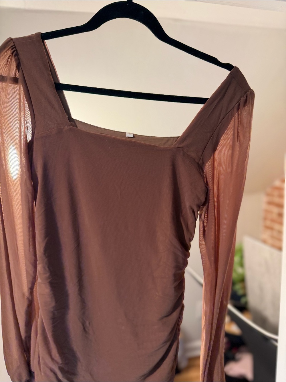 Brown Mesh Long Sleeve Square Neck Top Size Small